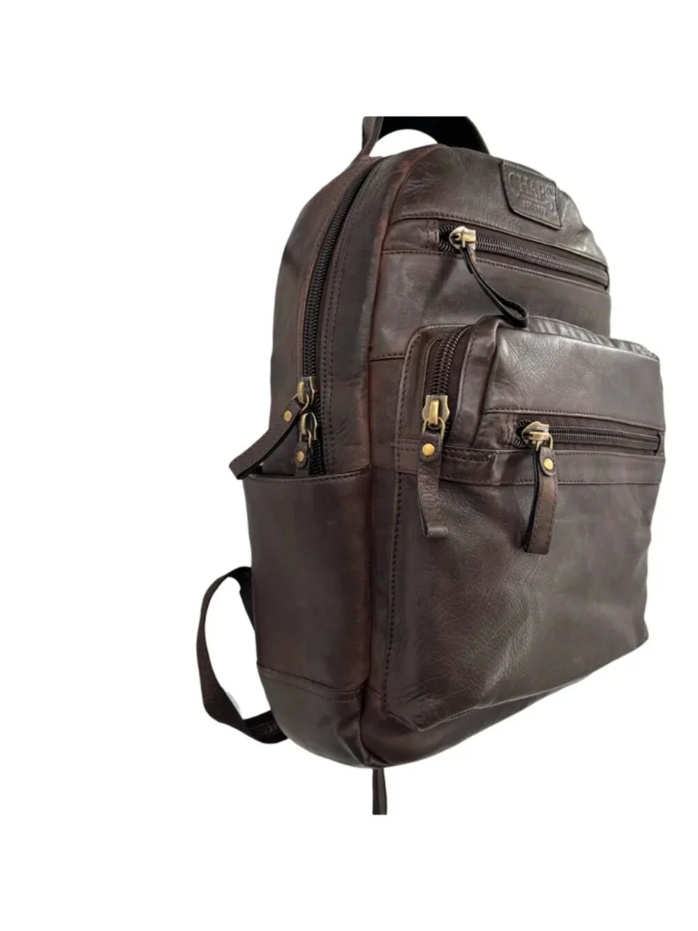 Chaps Leather Backpack Dark Brown Travel Laptop Bag Multi Pocket Rucksack